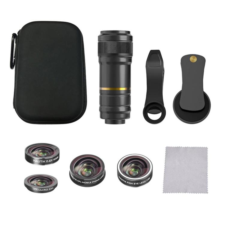 HAUTIK HK-002 5合1 通用型180度魚眼鏡頭+ 0.65X廣角+ 12倍微距 + 12X望遠鏡+星光鏡 帶夾子