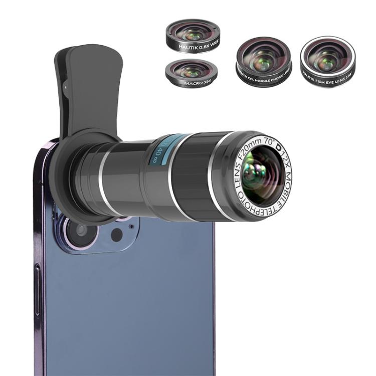 HAUTIK HK-002 5合1 通用型180度魚眼鏡頭+ 0.65X廣角+ 12倍微距 + 12X望遠鏡+星光鏡 帶夾子