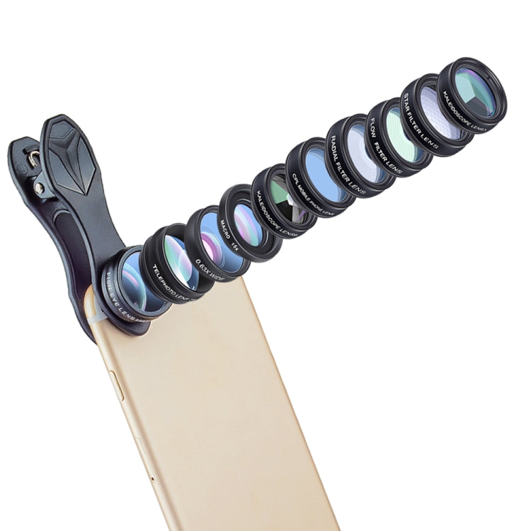 APEXEL APL-DG10 10合1外置手機鏡頭套裝 0.63X廣角+15X微距+偏振鏡+198度魚眼鏡頭+2X增距鏡頭+流水鏡+放射鏡+四線星光鏡+三分鏡+六分鏡