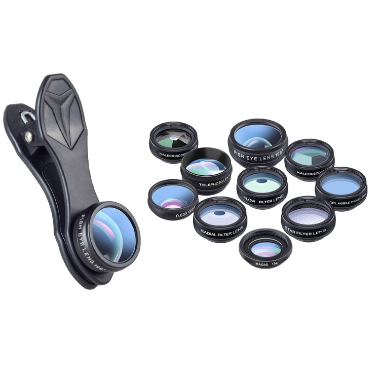 APEXEL APL-DG10 10合1外置手機鏡頭套裝 0.63X廣角+15X微距+偏振鏡+198度魚眼鏡頭+2X增距鏡頭+流水鏡+放射鏡+四線星光鏡+三分鏡+六分鏡