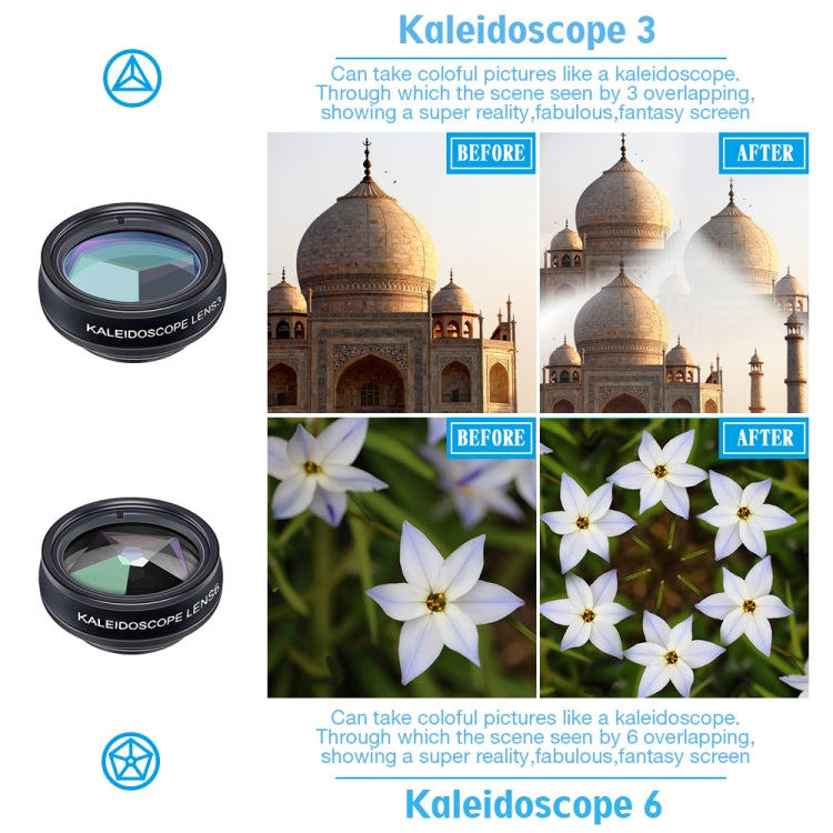 APEXEL APL-DG10 10合1外置手機鏡頭套裝 0.63X廣角+15X微距+偏振鏡+198度魚眼鏡頭+2X增距鏡頭+流水鏡+放射鏡+四線星光鏡+三分鏡+六分鏡