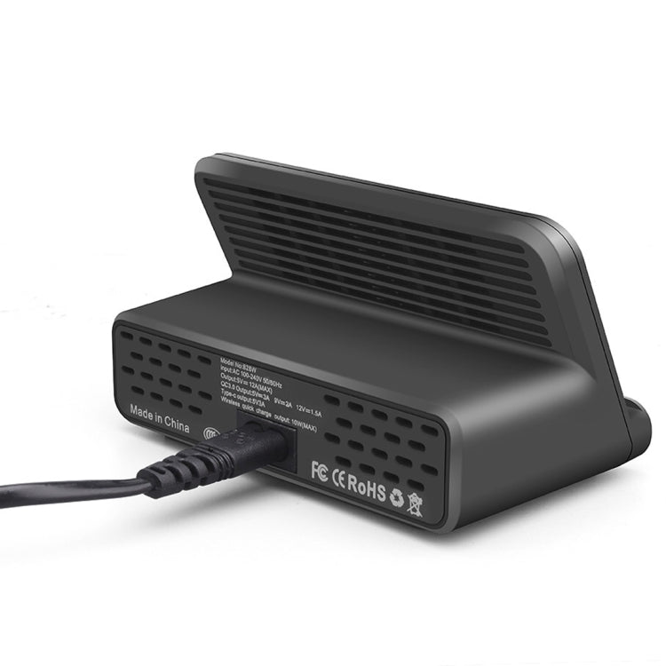 828W 7合一 60W QC 3.0 USB接口+4個USB接口+Type-C接口+無線充電 多功能充電器帶手機支架功能，英規