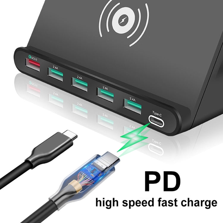 828W 7合一 60W QC 3.0 USB接口+4個USB接口+Type-C接口+無線充電 多功能充電器帶手機支架功能，英規