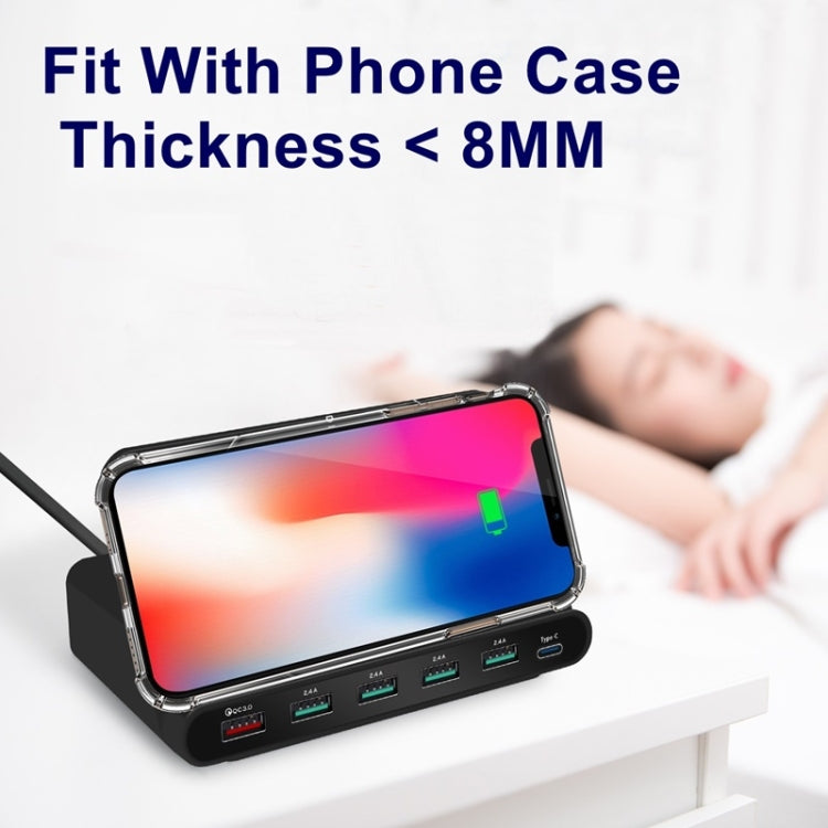 828W 7合一 60W QC 3.0 USB接口+4個USB接口+Type-C接口+無線充電 多功能充電器帶手機支架功能，美規