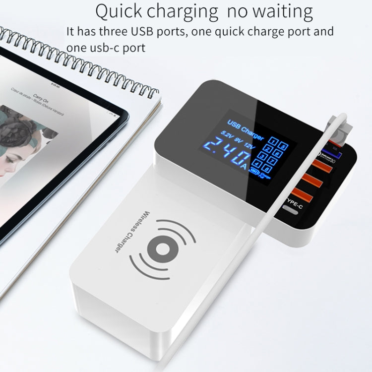 CDA33QW 40W QC 3.0 USB接口+3個USB接口+Type-C接口+無線充電 多功能可摺疊充電器帶LED显示屏，歐規