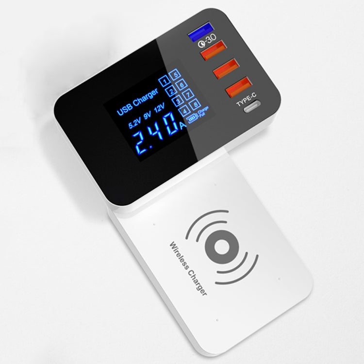 CDA33QW 40W QC 3.0 USB接口+3個USB接口+Type-C接口+無線充電 多功能可摺疊充電器帶LED显示屏，歐規