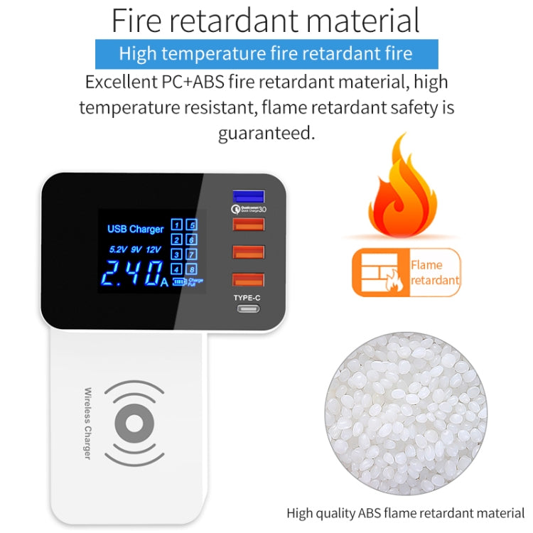 CDA33QW 40W QC 3.0 USB接口+3個USB接口+Type-C接口+無線充電 多功能可摺疊充電器帶LED显示屏，美規