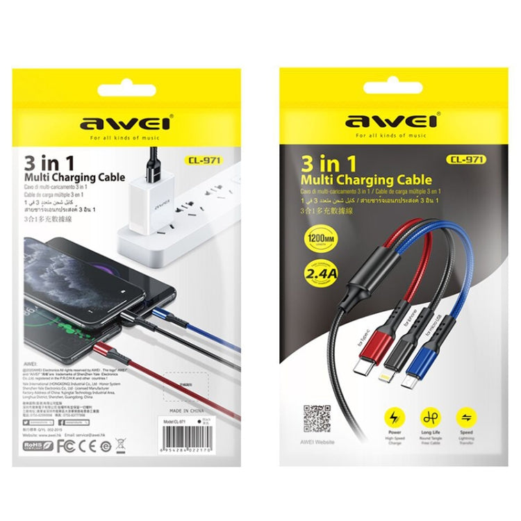 awei CL-971 三合一1.2m 2.4A USB 轉 8 Pin + Micro USB + Type-C 多功能充電線