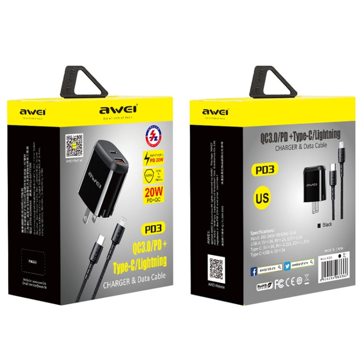 awei PD3 20W PD Type-C + QC 3.0 USB接口快速充電旅行充 美規 帶數據線