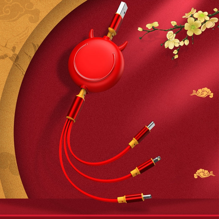 K042 1.2m 3A USB 轉 8 Pin + USB-C / Type-C + Micro USB 三合一牛頭伸縮式數據線