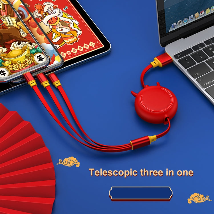 K042 1.2m 3A USB 轉 8 Pin + USB-C / Type-C + Micro USB 三合一牛頭伸縮式數據線