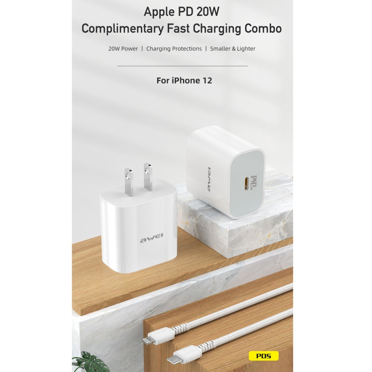 awei PD5 PD 20W 快充充電器+CL-002數據線套裝，美規
