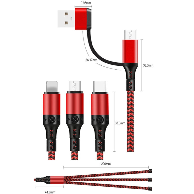 5合一 3A USB+Type-C轉8 Pin+Micro USB+Type-C接口 雙色編織快充數據線，線長：1.2m