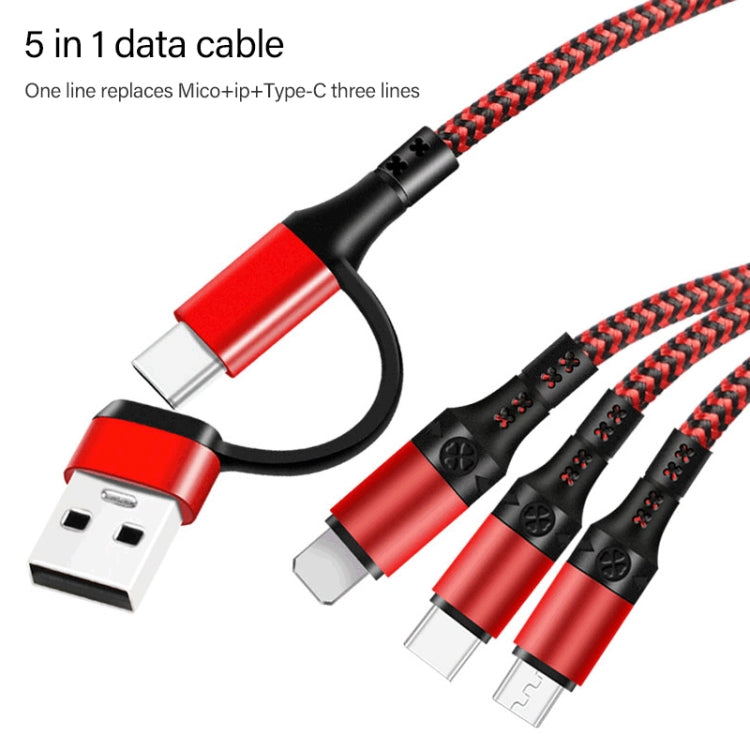 5合一 3A USB+Type-C轉8 Pin+Micro USB+Type-C接口 雙色編織快充數據線，線長：1.2m