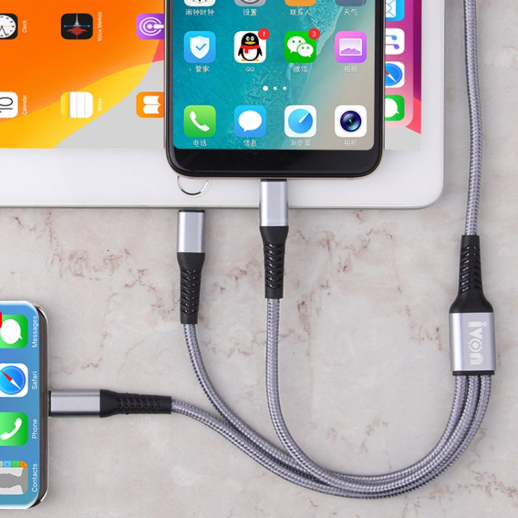 IVON CA39 1.2m 2.4A USB轉8 Pin+Type-C+Micro USB 三合一充電線