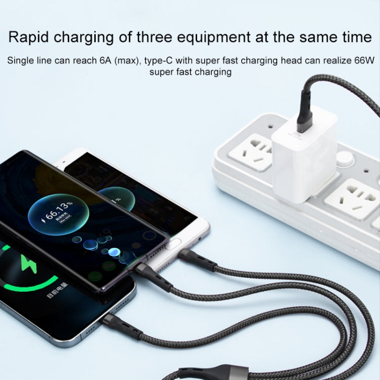 100W 6A Type-C 轉 8 Pin+Type-C+Micro USB 充電數據線，1.3m