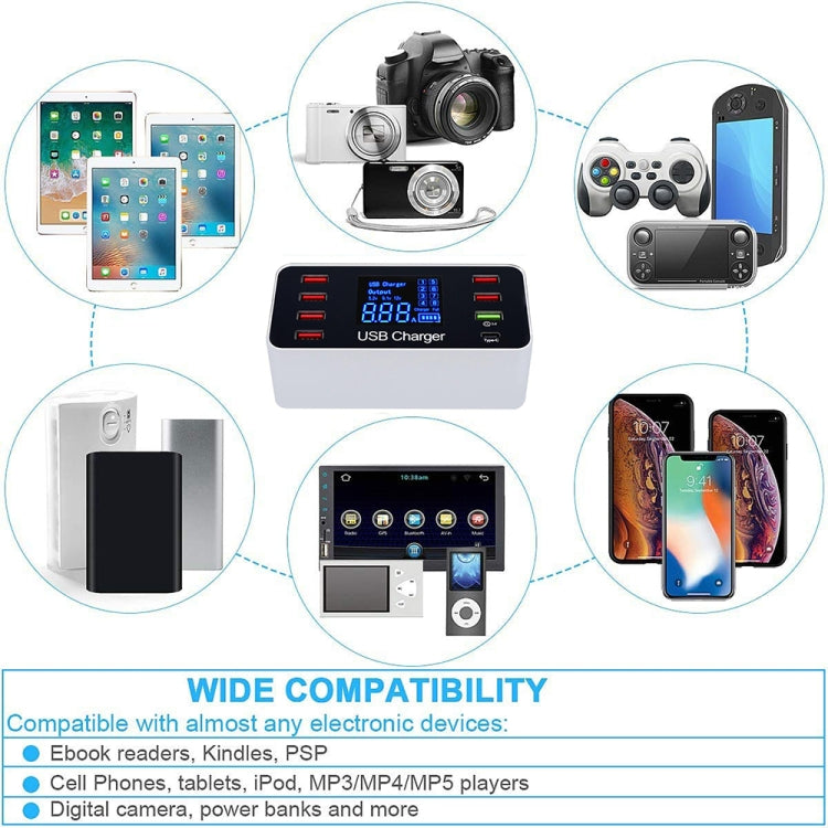 A9 Plus  多功能AC 100V~240V 8口USB LCD显示屏QC3.0快速智能充電器 帶無線充