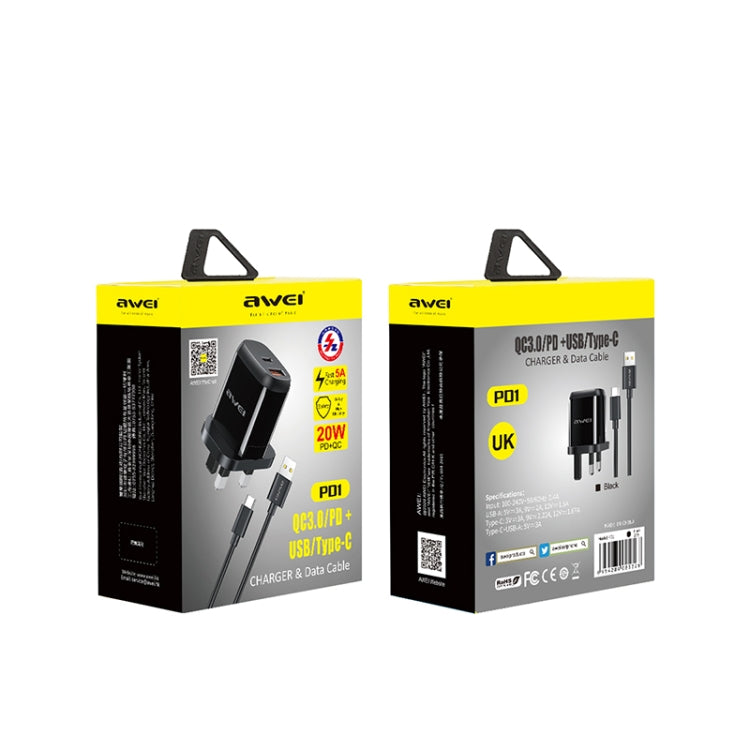 awei PD1 20W PD Type-C + QC 3.0 USB接口快速充電旅行充 英規 帶數據線