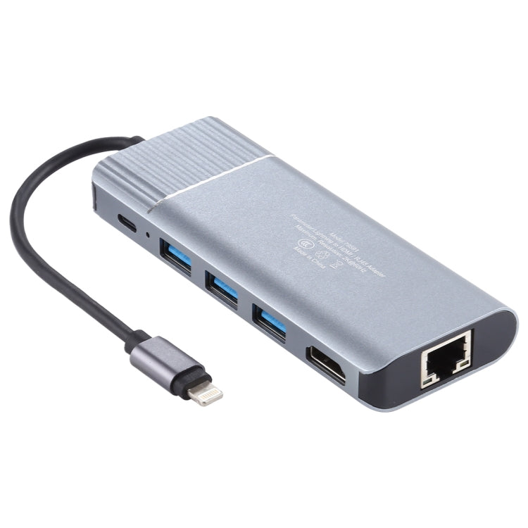 79591 6合1 3口USB2.0 + HDMI + RJ45 + 8Pin充電口轉8Pin公頭 多功能適配器