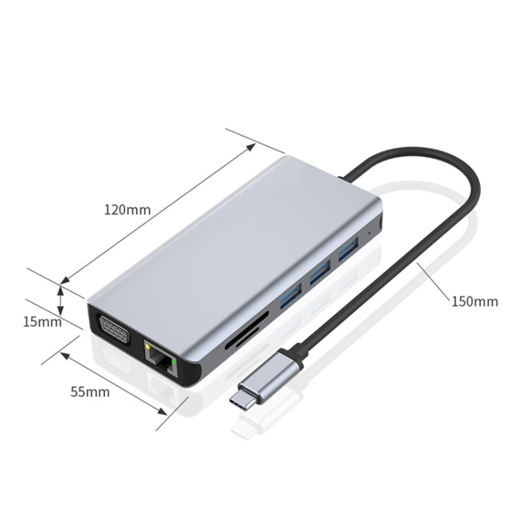 12合1 RJ45+100W PD+SD/TF+USB3.0x5+HDMI+VGA+音頻轉Type-C HUB擴展塢