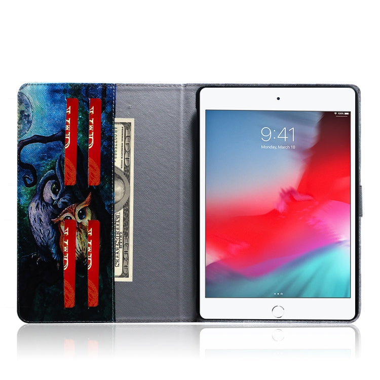 適用於iPad Mini  / 4 / 3 / 2 / 1 油畫貓頭鷹圖案左右翻蓋皮套 帶支架&卡槽&錢包