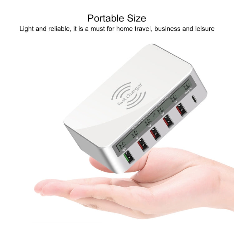 WLX-818F 6合一 10W QC3.0無線充+Type-C+4 USB端口充電器帶智能LCD显示屏，歐規/澳規