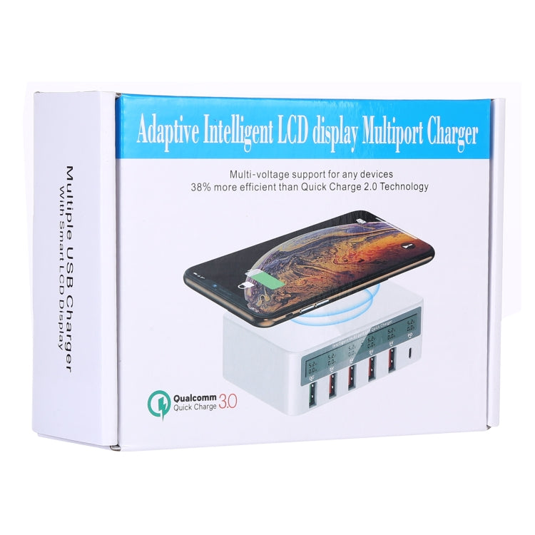 WLX-818F 6合一 10W QC3.0無線充+Type-C+4 USB端口充電器帶智能LCD显示屏，歐規/澳規