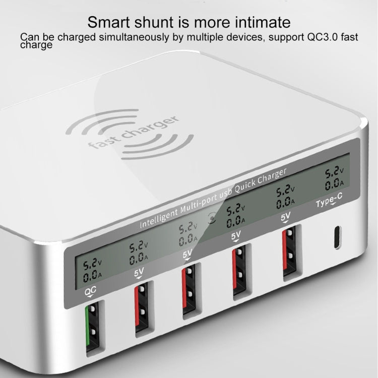 WLX-818F 6合一 10W QC3.0無線充+Type-C+4 USB端口充電器帶智能LCD显示屏，歐規/澳規