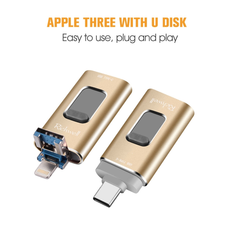 Richwell 3合一 32G Type-C + 8 Pin + USB 3.0 金屬可推拉式適用於蘋果U盤帶OTG功能
