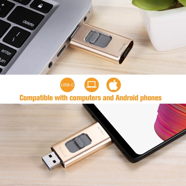 Richwell 3合一 64G Type-C + 8 Pin + USB 3.0 金屬可推拉式適用於蘋果U盤帶OTG功能