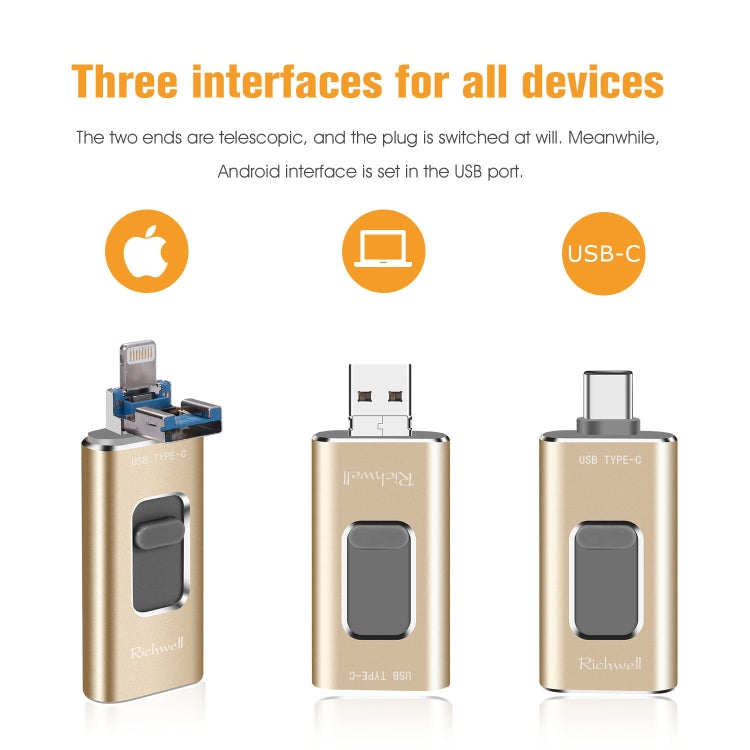 Richwell 3合一 128G Type-C + 8 Pin + USB 3.0 金屬可推拉式適用於蘋果U盤帶OTG功能