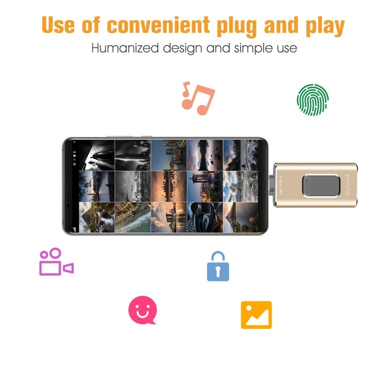 Richwell 3合一 128G Type-C + 8 Pin + USB 3.0 金屬可推拉式適用於蘋果U盤帶OTG功能