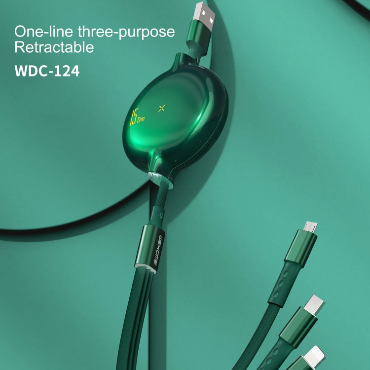 WK WDC-124 3A 8 Pin + Type-C + Micro USB博納三合一伸縮收納充電線，長度：1.5米
