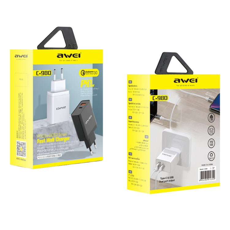 awei C-980 18W PD USB-C + QC 3.0 USB接口 快速充電旅行充，歐規