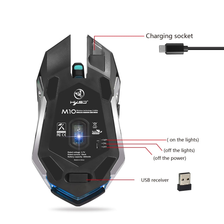 HXSJ M10 台式電腦 2.4GHz 6鍵USB可充電七彩發光人體工程學2400DPI無線光電遊戲鼠標