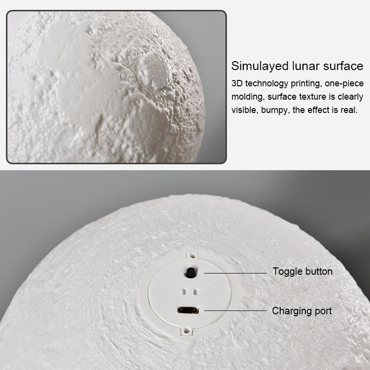 觸摸款 3D打印月球小夜燈節能燈 帶木質支架底座 USB充電 直徑：15cm