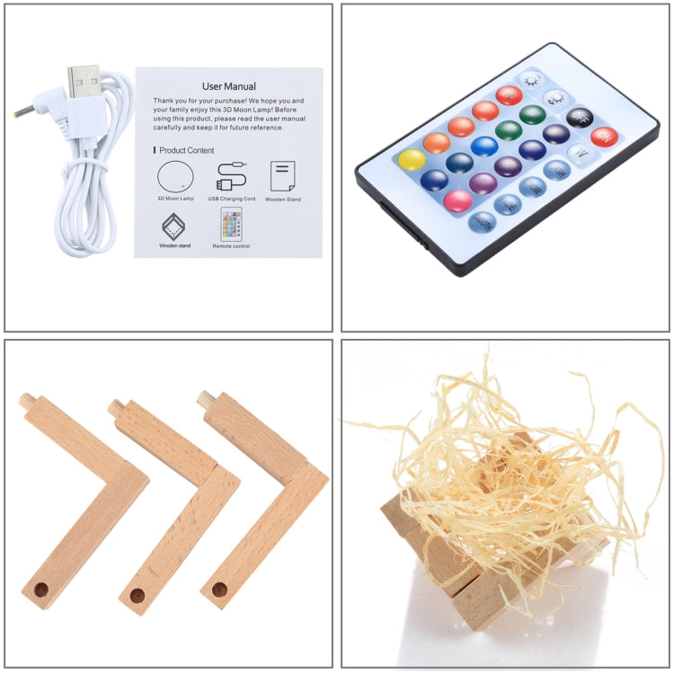 觸摸款 3D打印月球小夜燈節能燈 帶木質支架底座&遙控器 USB充電 16色變化 直徑：8cm