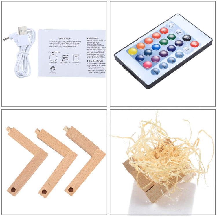 觸摸款 3D打印月球小夜燈節能燈 帶木質支架底座&遙控器 USB充電 16色變化 直徑：15cm