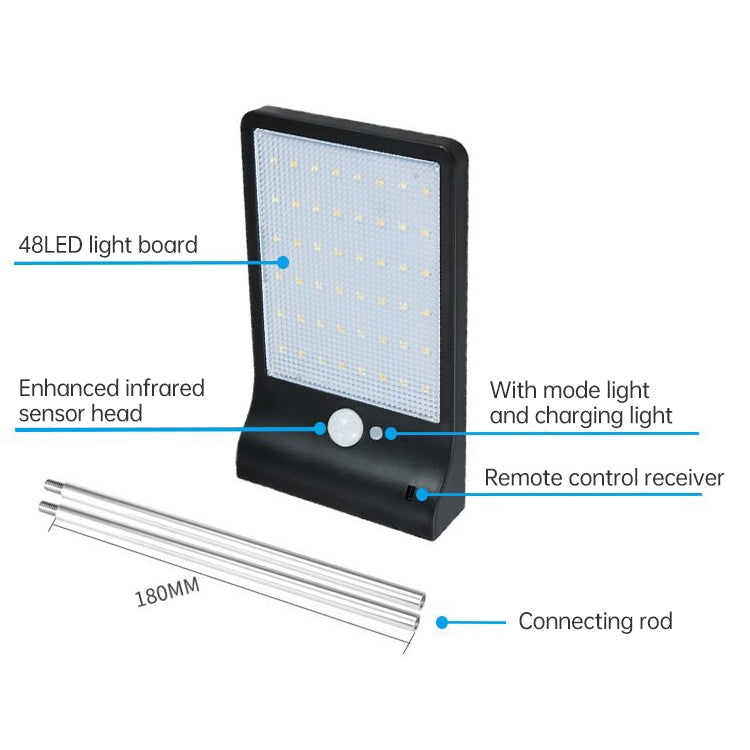 3.8W 48 Two-color LEDs Outdoor Waterproof Solar Wall Light Sensor Garden Light Street Light with Pole, Luminous Flux: 450lm