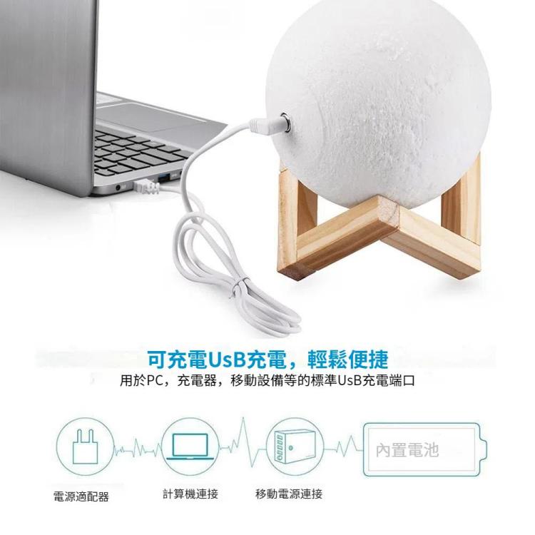 YouOKLight YK2302 觸摸款 3D打印月球小夜燈 帶遙控&木質支架 USB充電 16色變化 直徑：15cm
