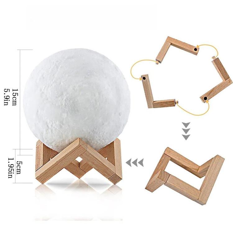 YouOKLight YK2302 觸摸款 3D打印月球小夜燈 帶遙控&木質支架 USB充電 16色變化 直徑：15cm