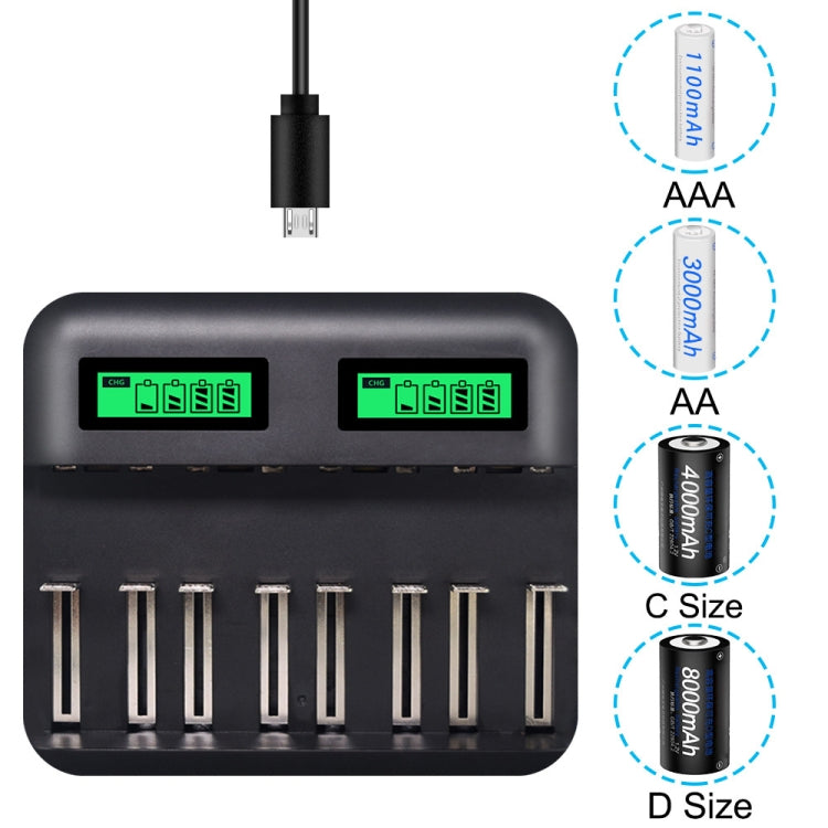 5V 2A USB 8槽電池充電器帶液晶显示屏 適用於AA & AAA & C / D電池