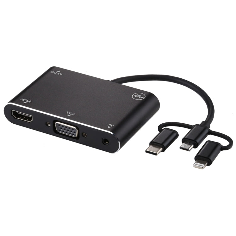 三合一 8 Pin + Micro USB + Type-C 轉 AV + HDMI + VGA 15 Pin 高清音頻適配器轉換器