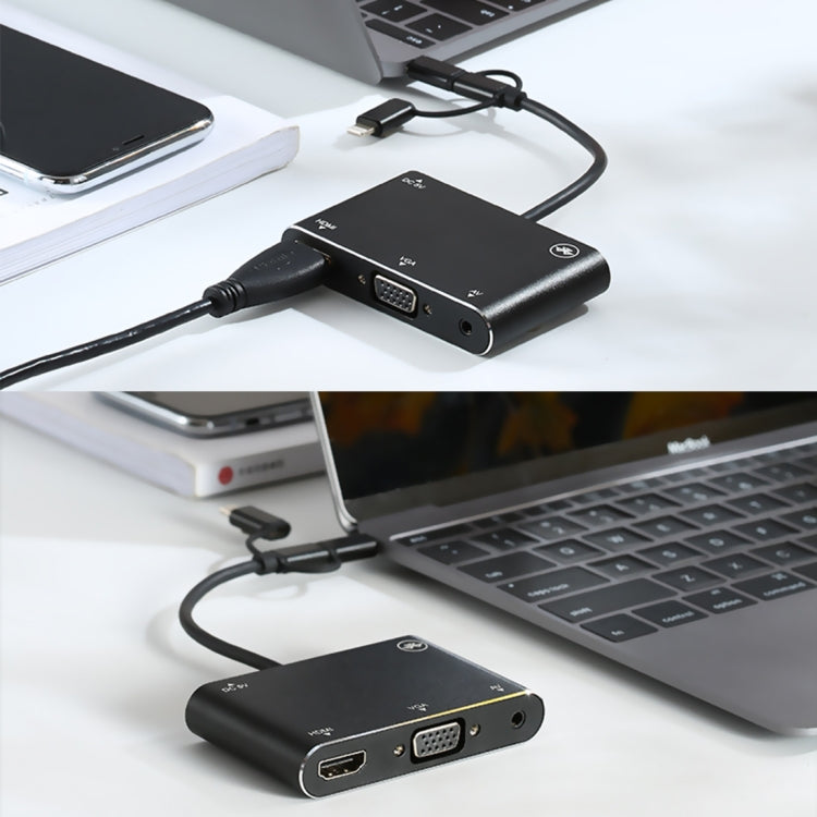 三合一 8 Pin + Micro USB + Type-C 轉 AV + HDMI + VGA 15 Pin 高清音頻適配器轉換器