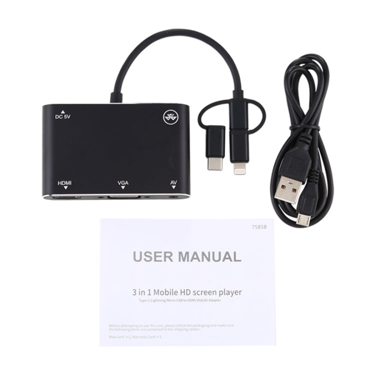 三合一 8 Pin + Micro USB + Type-C 轉 AV + HDMI + VGA 15 Pin 高清音頻適配器轉換器