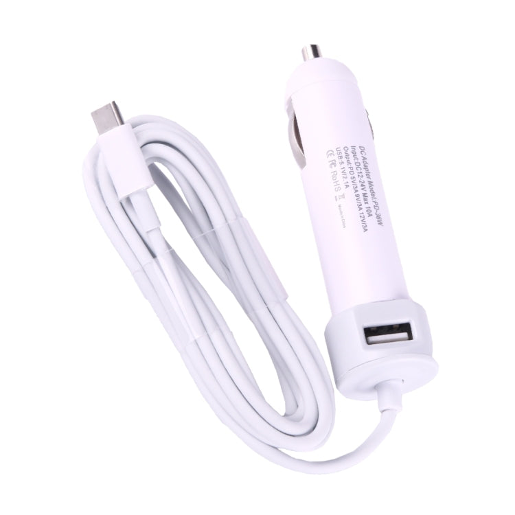 PD-36W 5V 9V 12V 15V  3A Type-C接口 適用於蘋果筆記本電腦車載充電器,帶1個USB 接口,線長2米