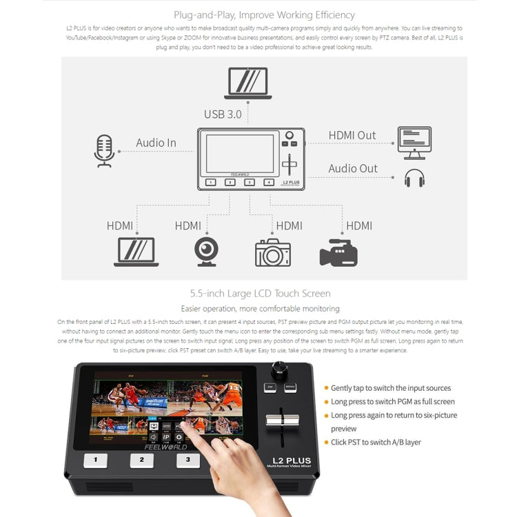 FEELWORLD L2 Plus多機位 切換台 帶5.5英寸屏