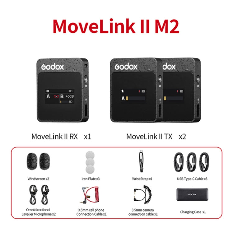 Godox MoveLink II M2 2.4GHz無線麥克風系統組合 帶 2 個發射器和1 個接收器 , MoveLink II M2