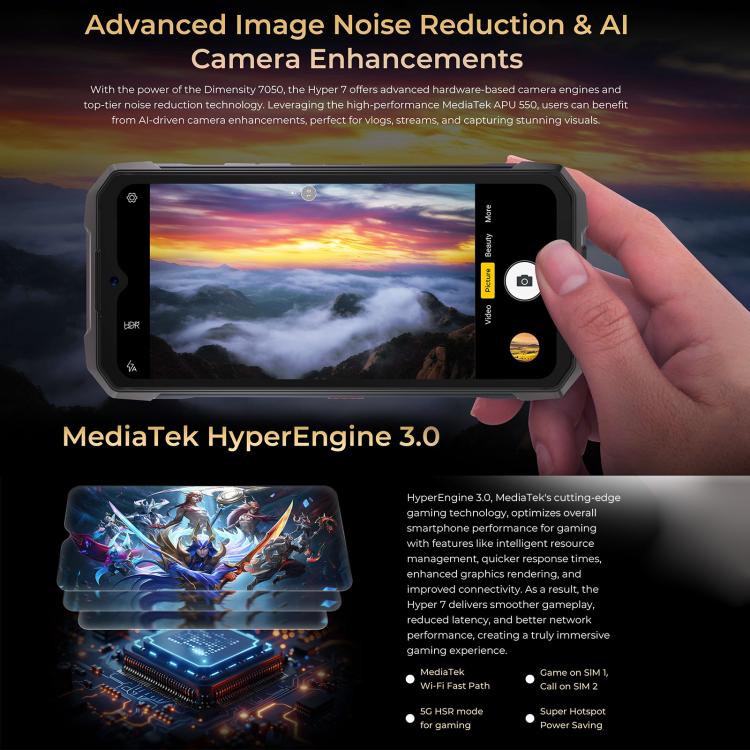 HOTWAV Hyper 7三防機，8GB+256GB，6.6英寸安卓14 天璣7050 5G八核, 網絡：5G, OTG, NFC