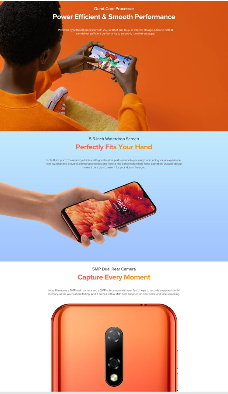 歐樂風 Note 8 2GB+16GB，雙后攝/臉部識別，5.5英寸 安卓10.0 GO ，MKT6580四核，3G網絡 雙卡